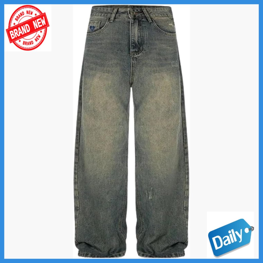 Vintage Distressed Wide Leg Denim Pants With Cut Off Hem Loose Fit